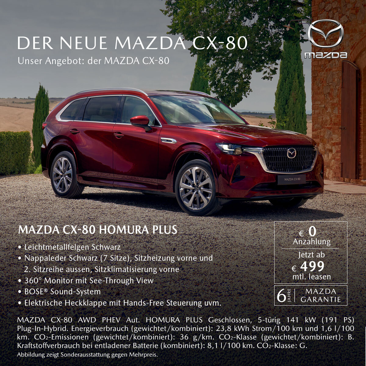 Mazda CX-80 Homura Plus Leasingangebot für Privatkunden – Wahl Group Mazda CX-80 Homura Plus rot SUV Leasingangebot Privatkunden Wahl Group